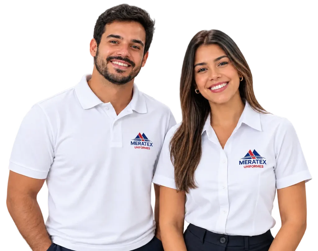 Funcionários sorrindo com uniformes Meratex